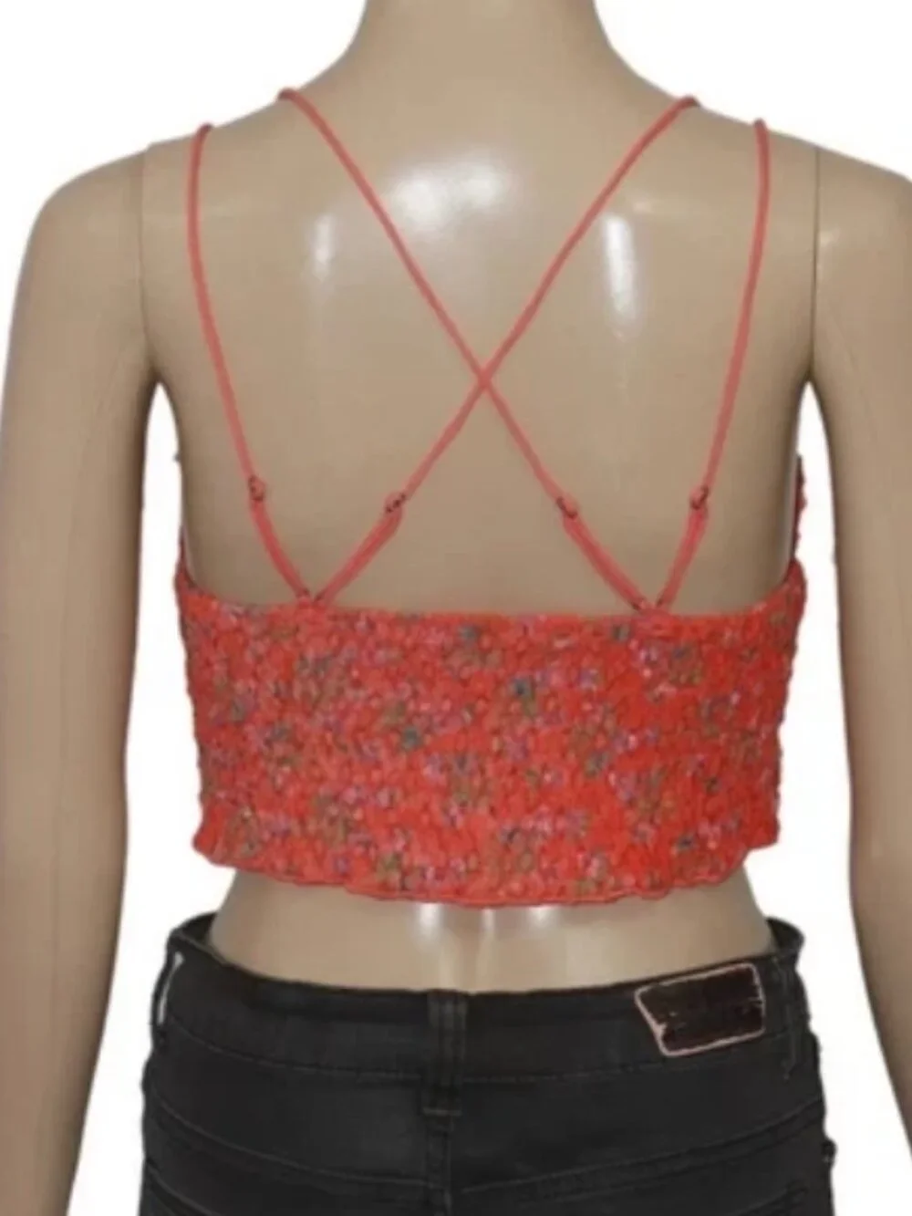 Free People Fp One Adella Bralette Printed Lace Criss Cross Smocked Crop Top S